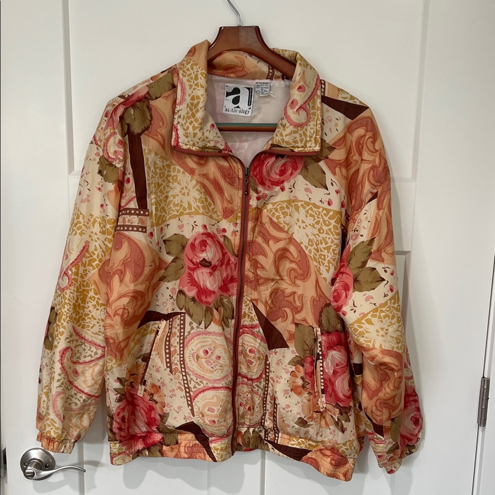 Vintage Ac-tiv-ology Women's Floral 100% Silk Bomber Jacket Sz XL